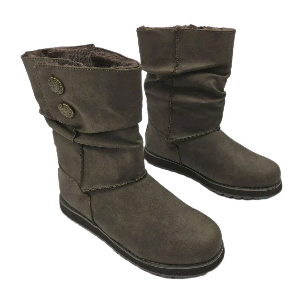 Skechers Mid Calf Boots Brown Women Sz 8 Faux Fur Button Slouch Flat 48805TX